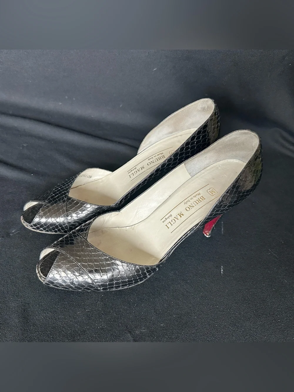 Bruno Magli Black Snakeskin Peep-Toe Heels with Red Heel Detail made in Italy 9